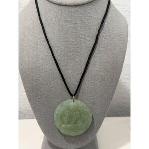 Buddha Pendant Necklace Green Glass Carved Stone Black Cord Necklace